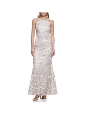 Eliza J Taupe Cream 3D Flower Sheer Overlay Halter Top Bohemian Maxi Dress 10